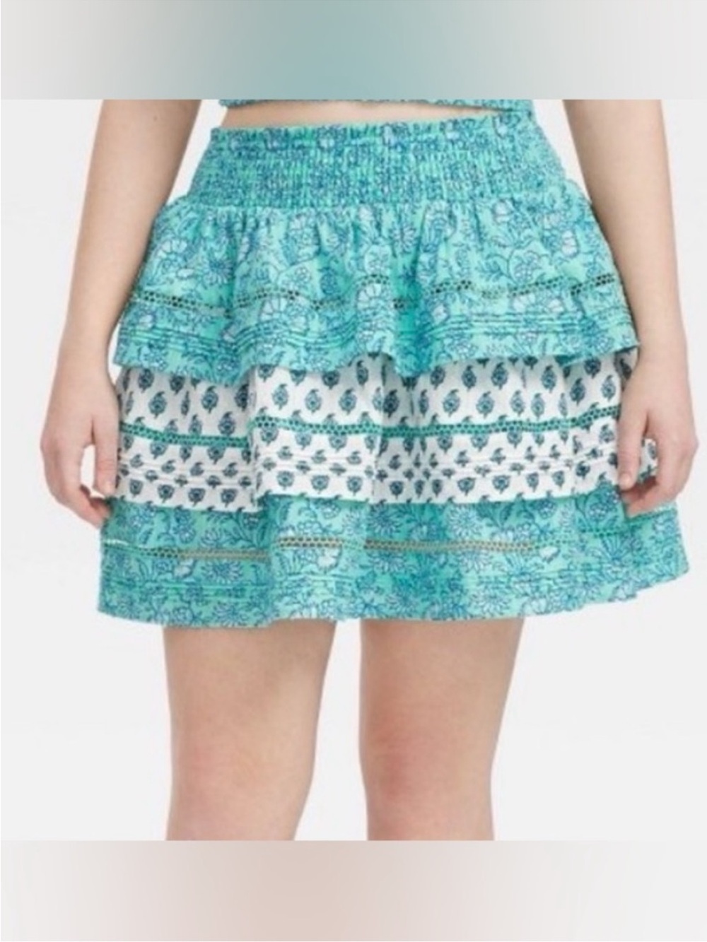 NWT Roller Rabbit x Target Aqua Blue Floral Flounce Skirt, 100% Cotton, Size S